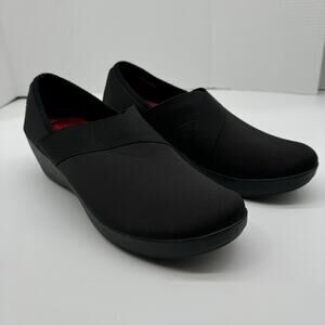 Crocs Busy Day Dual Comfort Wedge Shoe Black Neoprene Women Sz 11 Stretch 202852